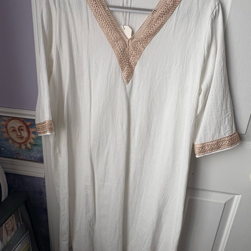 White Dress with Tan Crochet Trim